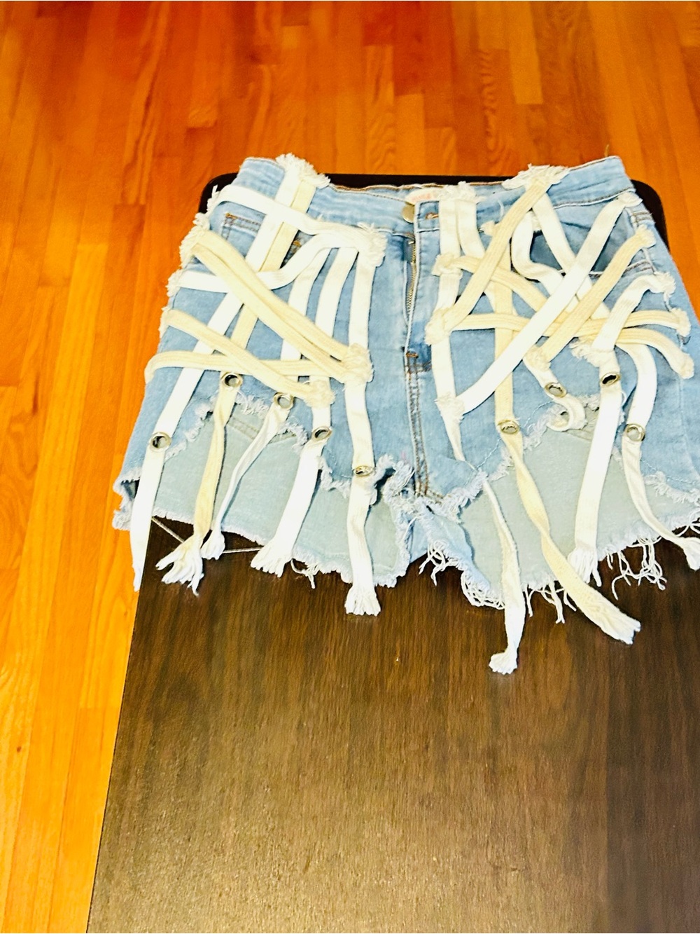 Hot & Delicious Light Blue Denim Fringe Shorts with White Straps